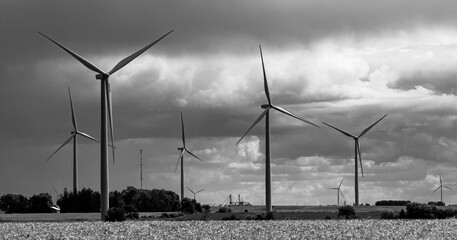 Black and White wind turbines in high contrast with moody clouds in the background in rural...