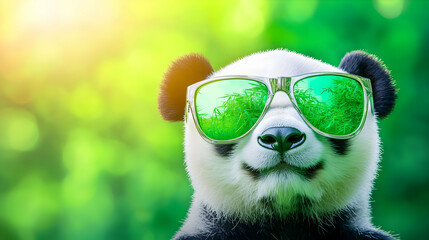 Fototapeta premium A cute panda wearing green sunglasses smiles in a vibrant green backdrop, exuding a playful and relaxed vibe.