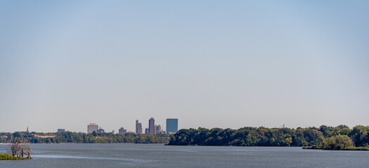 Naklejka premium Downtown Toledo Ohio as seen from the Maumee river bridge on I-90 in midday light