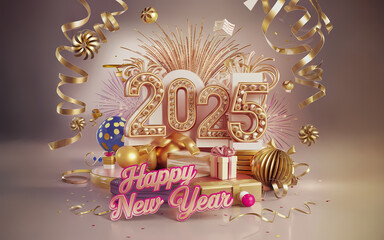 Elegant Happy New Year 2025 Greeting Card with Golden Decorations and Festive Ribbons. New Year Template, Banner, Background with Balloons, Confetti, Fireworks, Ribbon, Gifts, & Festive Decorations.