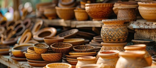 Collection of handcrafted pottery and woven bowls displayed on wooden shelves at an outdoor market.