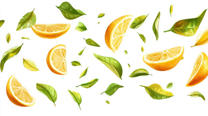 Yellow lemon slices falling with green leaves on white background for graphic design or wallpaper.