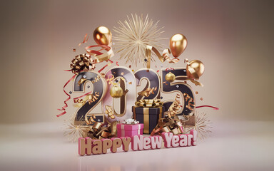 Elegant Happy New Year 2025 Greeting Card with Golden Decorations and Festive Ribbons. New Year Template, Banner, Background with Balloons, Confetti, Fireworks, Ribbon, Gifts, & Festive Decorations.