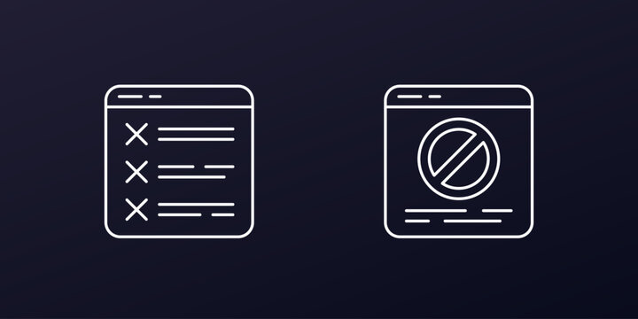 blocked website line icons, blocking web pages, vector