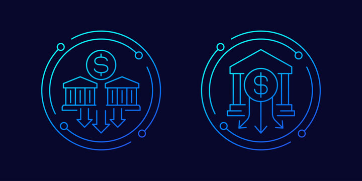 bank deposits drain icons, cash withdrawals, linear design