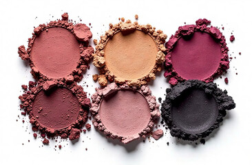 Set of crumbled eyeshadows, dry cracked texture, palette, different colors and shapes, isolate on white background