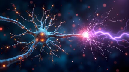 A detailed illustration showcasing neuron connection with active synapse, highlighting nerve communication and electrical signals. Perfect for concepts of neuroscience, biology, and brain functions.