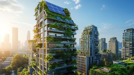 A futuristic eco-cityscape with solar-paneled skyscrapers, integrated greenery, and sustainable infrastructure, showcasing innovative urban planning, ultra-realistic