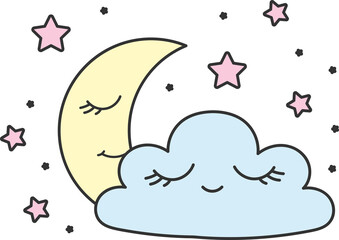 Crescent moon and light blue cloud with smiling faces and closed eyes, surrounded by pink and black stars.
