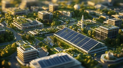 A high-detail eco-cityscape with solar-powered structures, green urban spaces, and innovative infrastructure, all centered around sustainability and eco-solutions