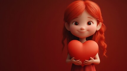 Fototapeta premium A 3D rendered girl holding a heart stands cheerfully among floating red hearts, evoking warmth and joy for a romantic red theme.