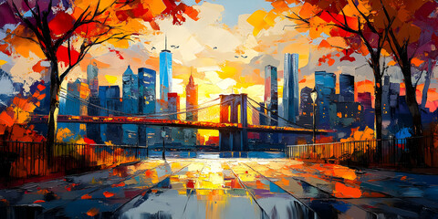 Fototapeta premium Autumnal Cityscape. Bridge at Sunset