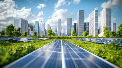 An advanced city powered by renewable energy, with solar arrays, green walls, and energy-efficient buildings, showcasing urban eco-innovation, hyper-realistic