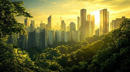 An advanced cityscape with green architecture, sustainable innovation, and environmentally friendly urban planning, set against a backdrop of natural beauty, photorealistic