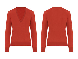 Blank long sleeve sweatshirt mockup front and back view, red color women's Sweater isolated on white background