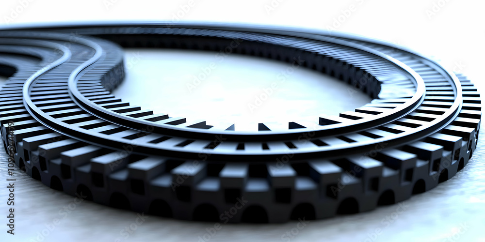 Poster abstract 3d render of intertwined circular train tracks, forming a unique design