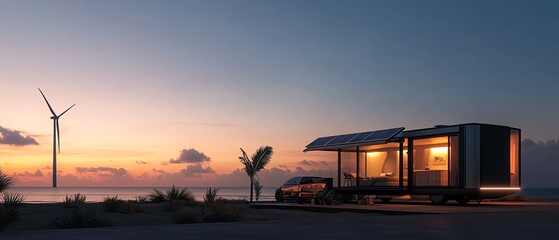 A solarpowered RV parked by a scenic beach, equipped with wind turbine generators