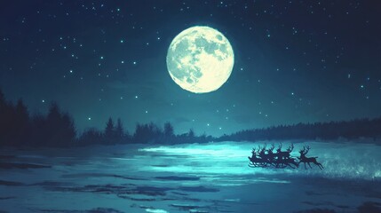 Santas sleigh racing across a glowing moonlit sky, with reindeer galloping gracefully through the frosty winter night.
