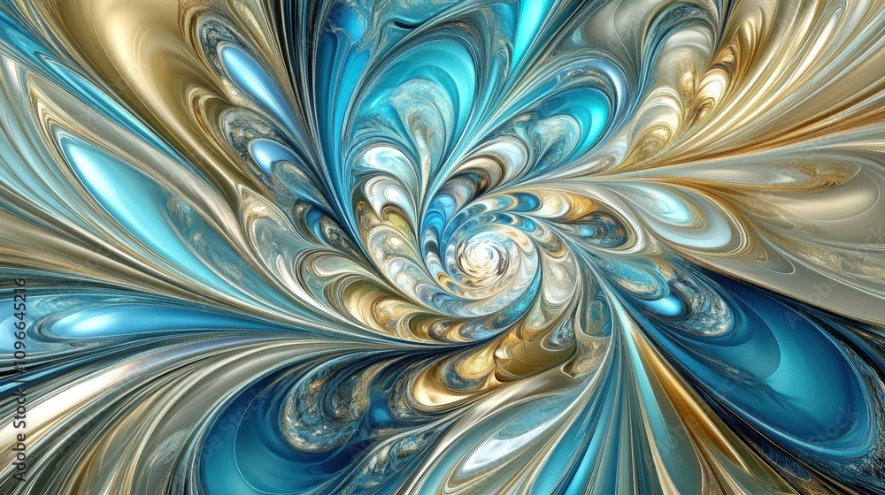 Poster shimmering abstract blue background with glowing metallic textures and intricate patterns, perfect f