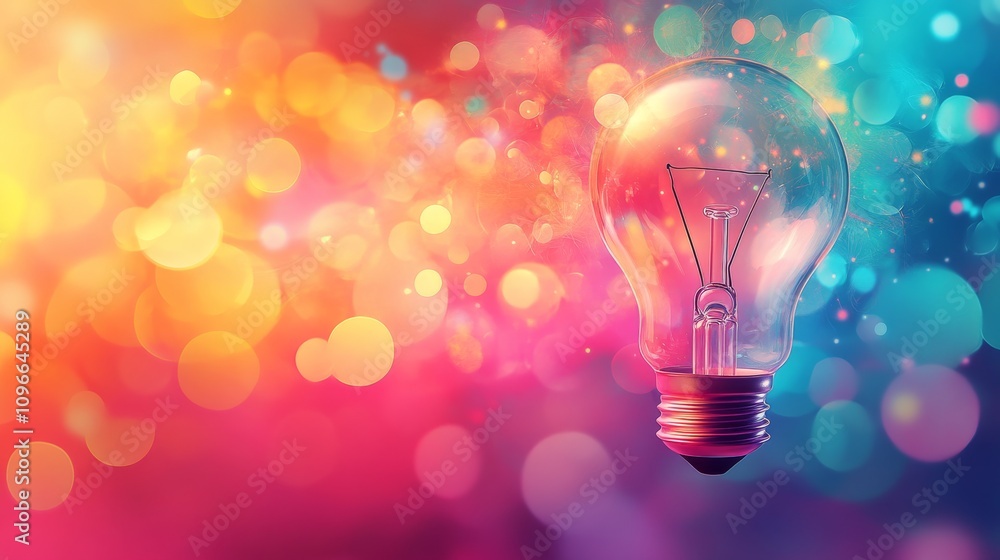 Poster illuminated lightbulb against colorful bokeh background
