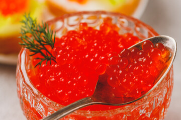Red caviar in a caviar dish with a sprig of dill