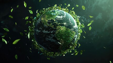 A 3D scene where Earth is depicted as a crystal-clear globe, with all continents covered in green...