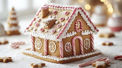 Gingerbread house decorated with candy canes and colorful icing, Christmas themed winter holiday