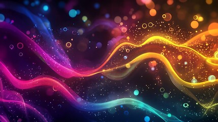 Colorful Abstract Background with Vibrant Waves, Bubbles, and Rainbow-Colored Lines and Dots – Vector Illustration for Design and Banners