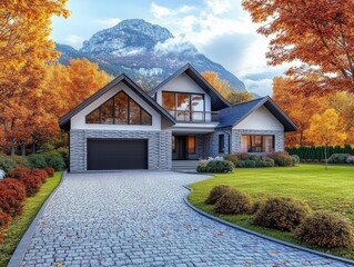 A stunning residential house with elegant architecture, a landscaped yard, and spacious driveway, set against a breathtaking backdrop of vibrant autumn colors and majestic mountains