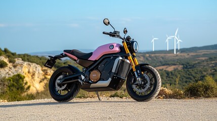 An electric motorcycle parked near a cliffside, overlooking a wind farm in the distance