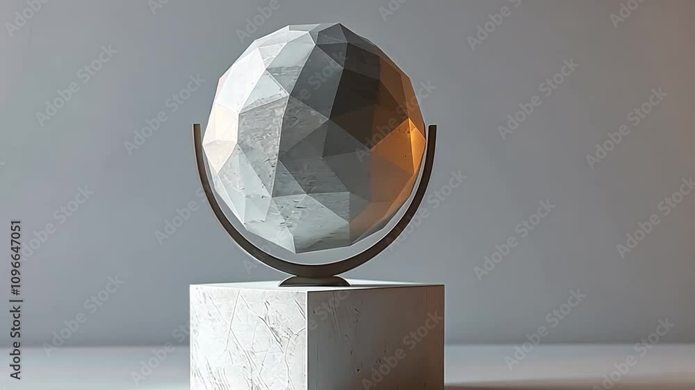 Poster a contemporary globe sculpture with a faceted design sits on a white marble pedestal. soft light hig