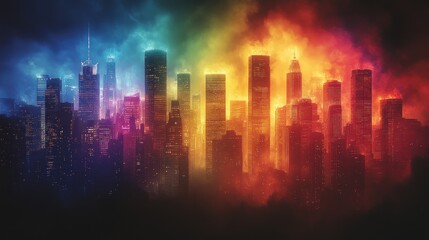 Fototapeta premium Chromatic Cityscape: A fiery and vibrant urban panorama at night, showcasing a breathtaking display of colorful light and shadow.