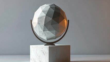 A contemporary globe sculpture with a faceted design sits on a white marble pedestal. Soft light highlights its features in a minimalistic environment. - Powered by Adobe