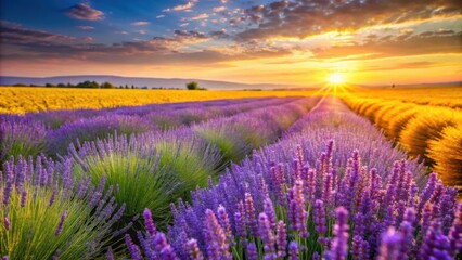 A vibrant lavender field bathed in the golden hues of a setting sun, creating a captivating scene of nature's beauty.