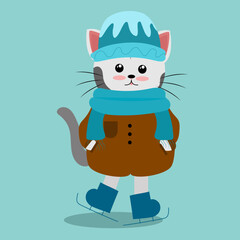 Cartoon cat ice skating perfect to sticker, clipart, mascoot