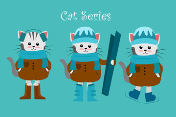 one set Cute cat in Winter Outfit  perfect to sticker, mascot, clipart, cat collection 