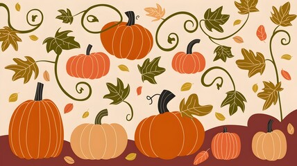 Whimsical pumpkin patch illustration with textured pumpkins, vines, and swirling leaves