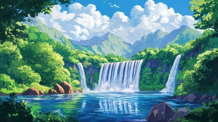 Torrents of water powering a hydroelectric dam amidst a serene mountain landscape, with clear skies and dense forest framing the scene.