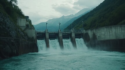 Torrents of water rushing through a hydroelectric dam in a vibrant mountain landscape, symbolizing clean and green energy.