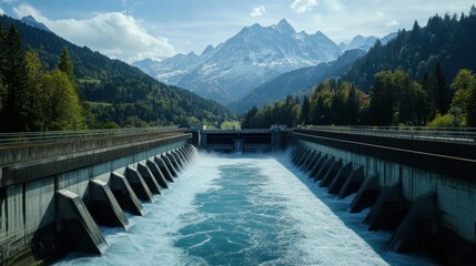 Torrents of water rushing through a hydroelectric dam in a vibrant mountain landscape, symbolizing clean and green energy.