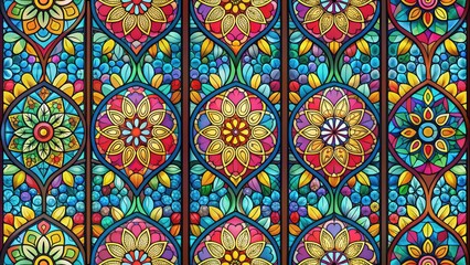 A Vibrant Tapestry of Stained Glass Windows with Intricate Floral Motifs and a Multicolored Palette