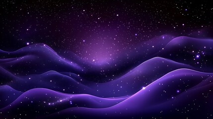 Purple Glowing Abstract Background with Glitter, Bokeh Lights, Shining Stars, and Digital Wave of Particles – Fantasy Landscape on a Dark Night Sky