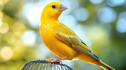 Vibrant yellow bird perched on a cage outdoors.