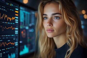 Obraz premium Focused woman analyzing data on multiple computer screens in a dark office