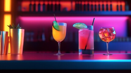 A bar with a variety of drinks including a martini, a margarita, and a daiquiri