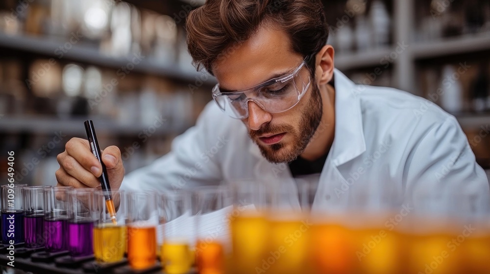 Poster focused scientist working in a laboratory