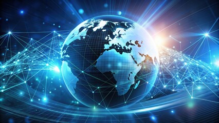 A luminous blue Earth with a futuristic glowing network of interconnected lines symbolizing global communication and technology