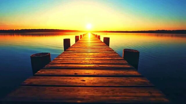 a wooden pier extending into a calm body of water during sunset. The sun is low on the horizon, casting long shadows of the pier's posts onto the wooden planks. The sky is clear with a gradient of col