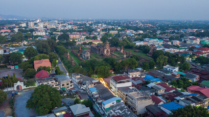 Fototapeta premium aerial view from drone: Wat Phra Sri Rattana Mahathat, The famous public temple in Lop Buri,