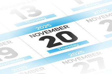Naklejka premium 20 November 2025 year date calendar day illustration